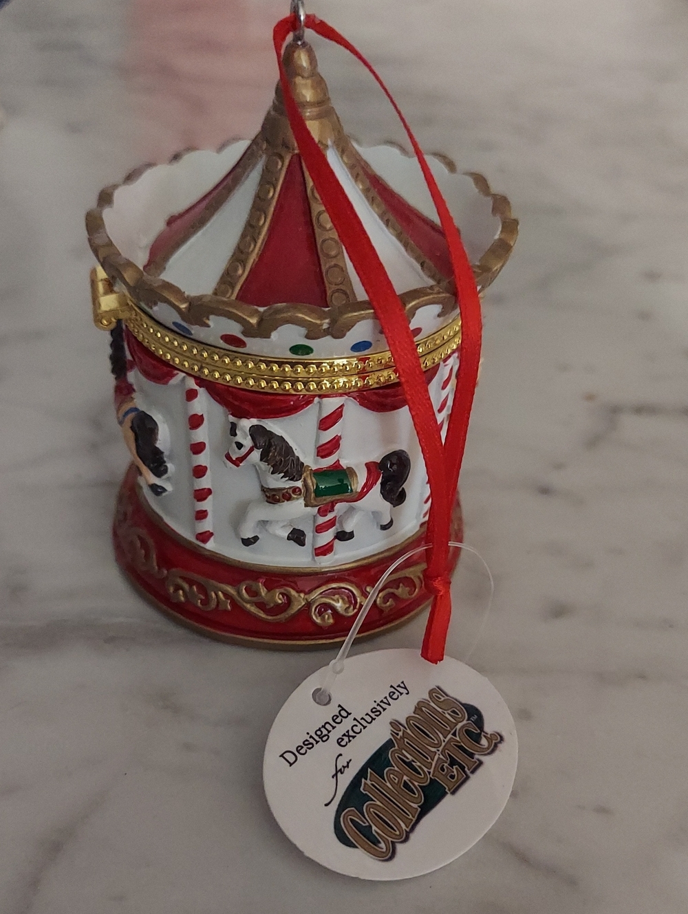 Red & White Carousel Horse Holiday Ornament Trinket Box